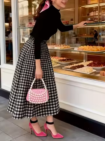 Printed Design spring and summer seasons casual style Checkered Skirt Pearl Bag Pink Shoes pencil sk