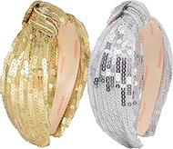 BEGOOD Headbands for Women Gold Knotted Wide Headbands Fashion Sequin Womens Hairbands Sparkly Silve