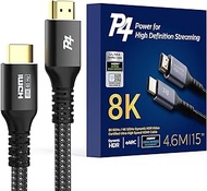 P4 Immerse Yourself in 8K Brilliance! 15FT Certified HDMI Cable 2.1 - Ultra High Speed, Braided, 8K@60Hz, 4K@120Hz, eARC, HDR10+, Atmos - Perfect for Apple TV, Roku, Netflix, PS5, and More!