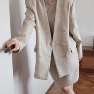 毛呢雙排扣V領休閒西裝外套女