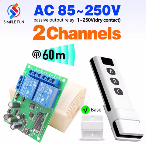 433MHz Universal Wireless Remote Control Switch 110V 220V 2CH Relay Module and 60m Transmitter for L