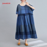 Oladivi Plus Size Women Clothing Fashion Plaid Cotton Linen Summer Dress Ladies Casual Loose Long Dr