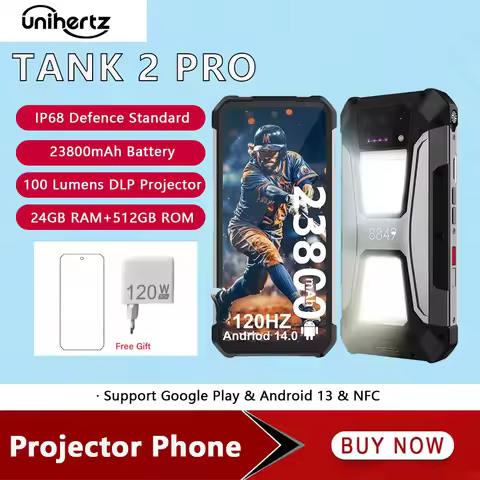 8849 Tank 2 Pro Unihertz 4G Rugged Projector Smartphone Android 14 23800mAh 12GB 512GB 100MP 120W Du