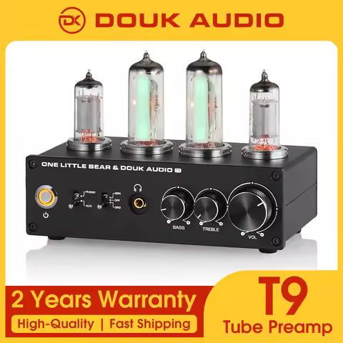 Douk Audio T9 HiFi Magic Eye 6E2 Vacuum Tube Stereo Preamp MM/MC Phono Stage for Home Turntables Amp