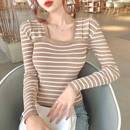 AJWShop [XW] Atasan Rajut Lengan Panjang Wanita Premium Import Salur Garis Garis | Baju Rajut Wanita