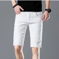 กางเกงขาสั้นผ้ายีนส์สีขาวผู้ชายขนาดใหญ่2022ฤดูร้อนใหม่ป่าบางกางเกงห้าจุดสบายๆสีทึบกางเกงยีนส์ยืด