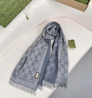 GUCCI  經典雙G羊毛披肩 圍巾 藍灰色