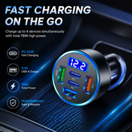 6-in-1 USB Car Phone Charger Adapter with Voltage Display, Dual PD Super Fast Charging 12-24V for iP