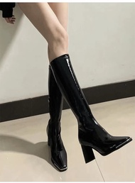 Kendall Jenner Inspired Square Toe High Heel Short Boots สีดำ Knight Chunky Heel ผู้หญิง Boot ฤดูใบไ