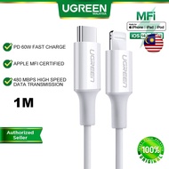 UGREEN MFi PD 60W USB C To Lightning Fast Charging Charge Cable Sync Data Transfer Usb-C Type C TypeC Apple iOS iPhone 12 Mini Pro Max 11 Pro Max X XS XR Macbook iPad AirPods Pro 0.25 0.5 1 1.5 2 Meter