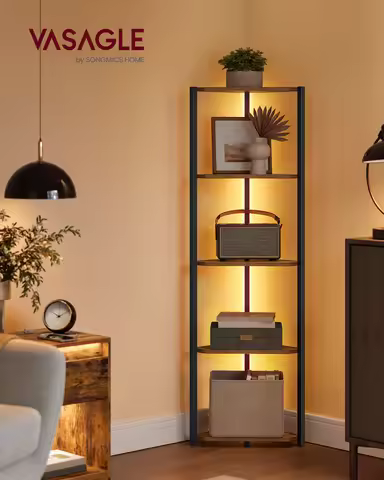 VASAGLE Corner Shelf Stand with LED Lights, 5-Tier Corner Bookshelf, Storage Shelf with Steel Frame,