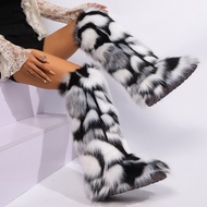 Y2k Raccoon Fur Boots Long Tube Faux Fur Fox Floor Boots Anti-slip High Boots