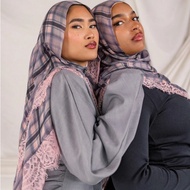 Jifang Classic Grid Check Plaids Floral Eyelash Lace Brim Patchwork Cotton Shawl Pashmina Head Scarf