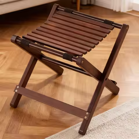 Compact Bamboo Folding Stool, Portable Camping/Fishing Chair - Shower Bench, Walnut Color