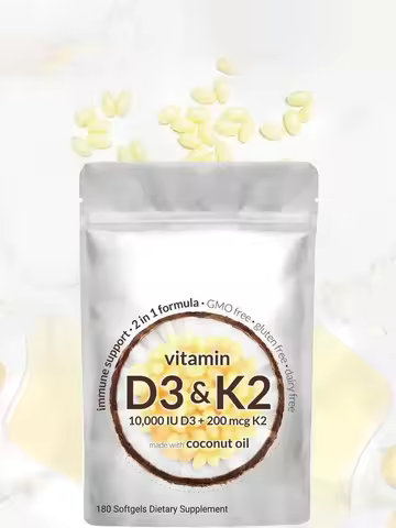 180/300 Vitamin D3 K2 Capsules with Coconut Oil - Vitamin D3 10000 iu Plus K2 (ML-7) 200 mcg, 300 Vi
