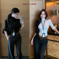 SuperCandy Korean Style Short-Sleeved High-Necked T-Shirt Mid-Length Sleeves Slim Waist And Solid Co