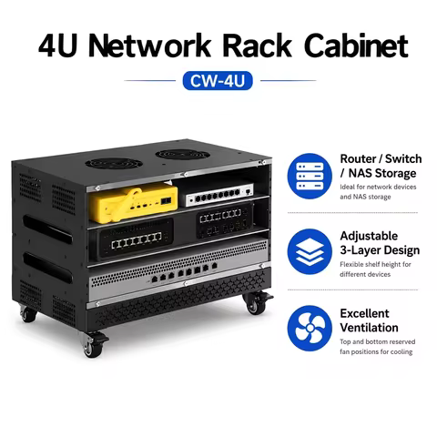 4U Desktop Network Rack Cabinet 3-Layer Adjustable Metal Server Shelf for Router Switch NAS Mini PC 