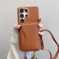 Fashion Leather Wallet Card Bag Bracket Phone Case Compatible for Samsung S23 S24 S25 Ultra S21 S22 