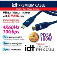 IDT Type C to Type C Cable (0.5/1M) USB3.1 Gen 2 Support 20V5A 100W 10Gbps E-MARK chip Samsung Note 