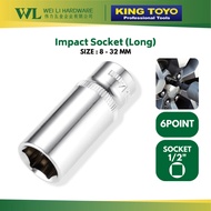 KING TOYO 1/2" 6 Point Box Socket Chrome Deep Length /6PT Socket Box 8mm-32mm /Box Socket Chrome/Mat