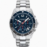 COACH手錶，編號CH00180，44mm銀圓形精鋼錶殼，寶藍色三眼， 中三針顯示， 水鬼錶面，銀色精鋼錶帶款_廠商直送