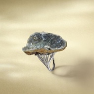 灰白水晶聚寶盆活口戒指 隨形原石標本 晶簇閃片手工指環 S925銀