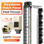AMPCOM 1U 24-Port STP Keystone Patch Panel แบบยึดแร็คพร้อมแถบจัดระเบียบสายเคเบิลด้านหลัง โหลดเต็ม 24