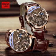 ORUSS Leather Swiss Mens Watch Luminous Waterproof Luxury Korean Mens Watch