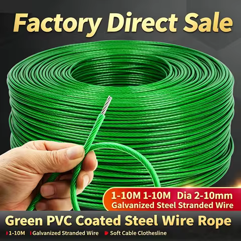 1-10M Green PVC Coated Galvanized Steel Wire Rope Dia 2-10mm Soft Stranded Cable Outdoor Traction Cl