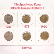 1Set3pcs 50Cents Coins Normal 1967-1990 Hong Kong Queen Elizabeth II Duit Syiling Lama