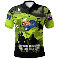 Men Anzac Day Poppy 3D Print Polo Shirt Australian Flag Memorial Short Sleeve Breathable Casual Top 