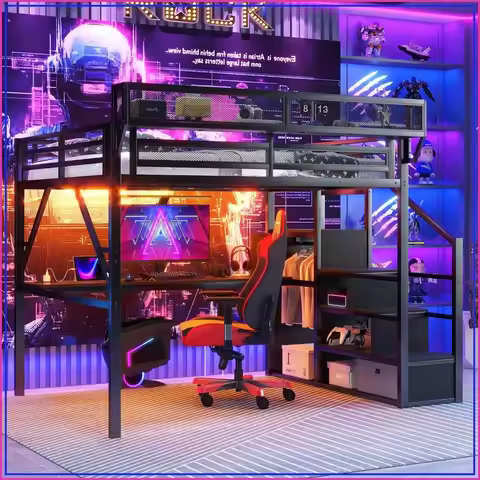 Queen Loft Bed with Desk & LED Lights, High Loft Bed Frame with Stairs & Storage, No Box Spring Need