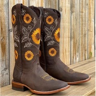 Ka5 Women's Winter Boots - Large Size, Square Toe, Thick Heel with Embroidery