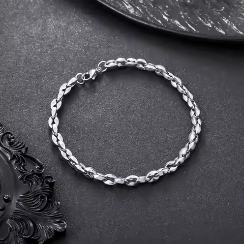 Polished Curved Bean Link Chain Bracelet 316L Stainless Steel Lobster Clasp Minimal Vintage Hop Soli