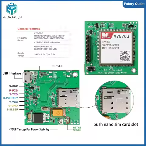 A7670G Push Nano Side Way SIM Slot Core Board Development Kits Global Bands SIMCOM 4G LTE Cat 1 Modu