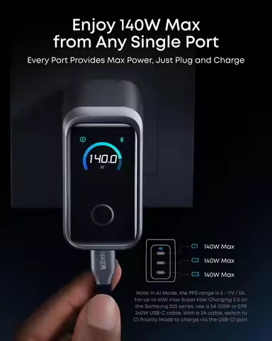 New Anker Prime Charger, 160W 3-Port Compact USB C GaN Charger Block, Smart Display and Touch Contro