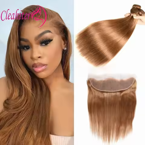 #27 Honey Blonde Straight Human Hair Bundles With 13x4 Transparent Lace Frontal Brazilian Virgin Hai