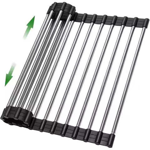 Adjustable Roll-Up Dish Drying Rack, Stainless Steel Over-Sink Drainer, Collapsible Silicone 18-Tube