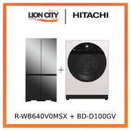 Hitachi R-WB640V0MSX 541L 4 Door Fridge (Bottom Freezer) + Hitachi BD-D100GV Front Load Washer Dryer Wind Iron, AI Wash