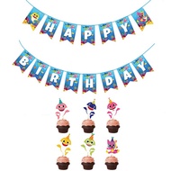 Children happy birthday baby sharks letters pull flag baby  shark cake inserted card shark theme par