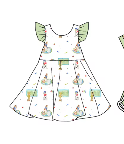 Back to School Baby Clothes Dog Blackboard ABC Print Girls Clothes Small Flying Sleeve Dress Girls C