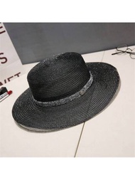 女士帽子韓版水晶m設計平頂草帽夏季度假遮陽帽透明遮陽帽