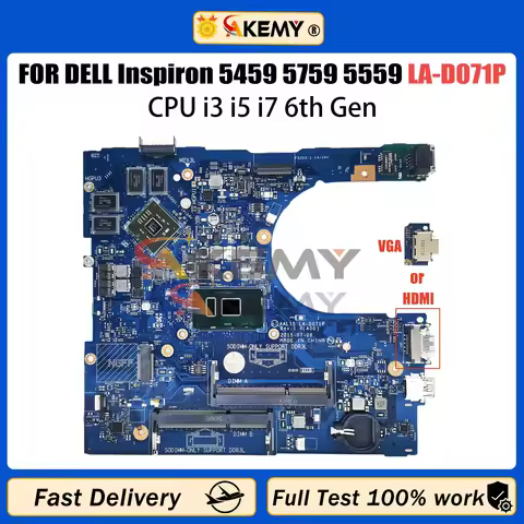 AKEMY LA-D071P Laptop Motherboard For Dell Inspiron 5459 5759 5559 CN-0F1J0W Mainboard With CPU I3 I
