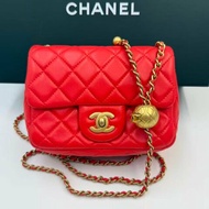 CHANEL Mini Flap Bag 珊瑚紅羊皮金球方胖子
