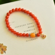 6mm天然原礦南紅 蜜蠟美松古法銀小牌設計單圈手串s