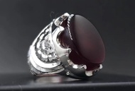 紅色 Aqeeq 肝瑪瑙戒指 男士銀戒指 Akik寶石珠寶 奢華天然紅色