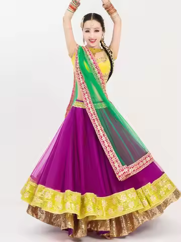 Indian Dance Set Performs Dress Double Layer Large Swing Stage Performace Costume Bollywood Style Fe