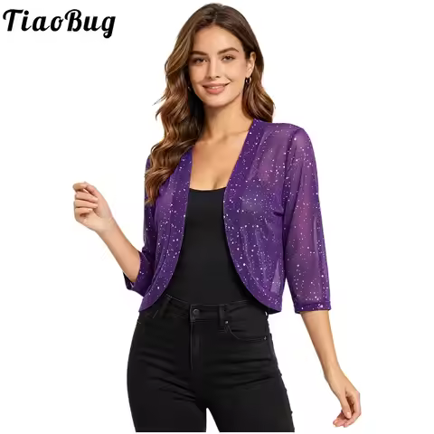 Women Summer Sheer Mesh Cropped Bolero Tops Casual Spots 3/4 Sleeve Open Front Curved Hem Cardigan S