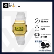 (2 Years Warranty) Casio Vintage A168XESG-9A Unisex Gold Dial with White Transparent Resin Band Digi