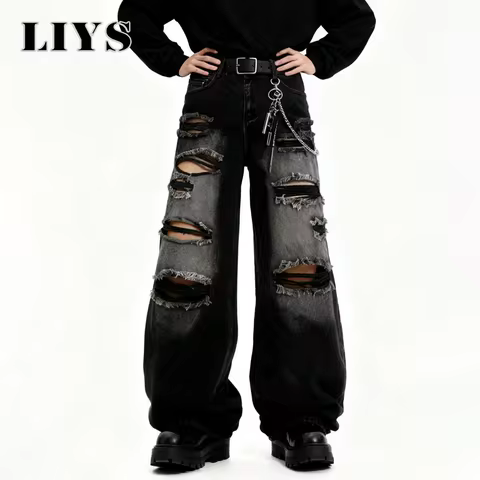 American Street Retro Men's Black Baggy Wide Leg Ripped Jeans Gothic Tear Style Unisex Loose Straigh